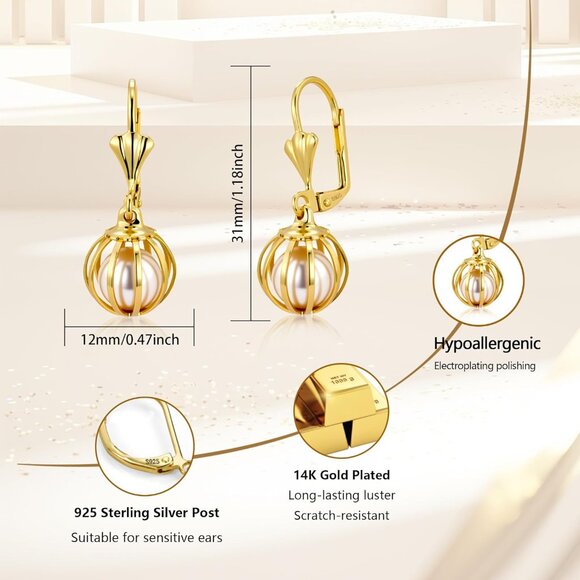 14k Gold Plated Pearl Dangle Drop Hypoallergenic Circle Earrings for Women - Picture 3 of 7